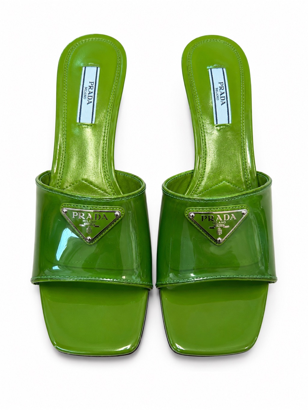 Prada Neon Green Patent Pvc Triangle Logo Slides Size 37.5 Fits Us 7.5 W/ Box